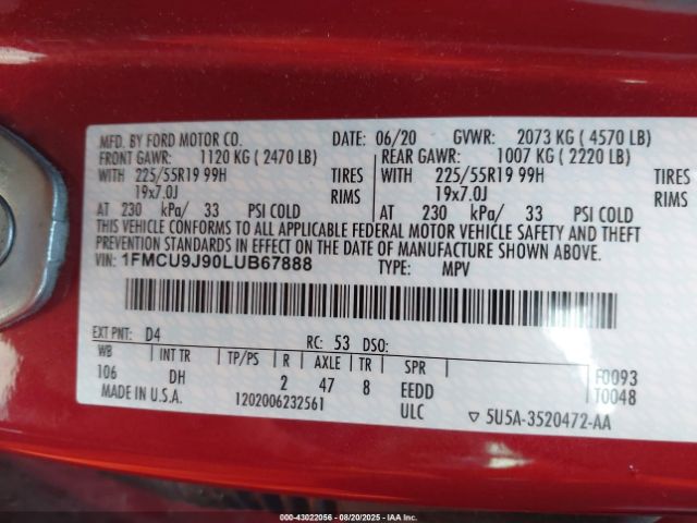 2020 FORD ESCAPE 1FMCU9J90LUB67888 Photo 8