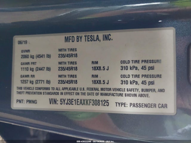 2019 TESLA MODEL 3 5YJ3E1EAXKF308125 Photo 8