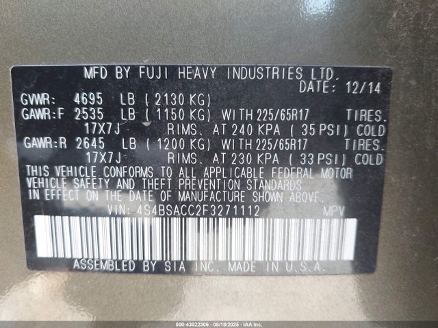 Subaru 2.5l u5 2015 4S4BSACC2F3271112 Image 9