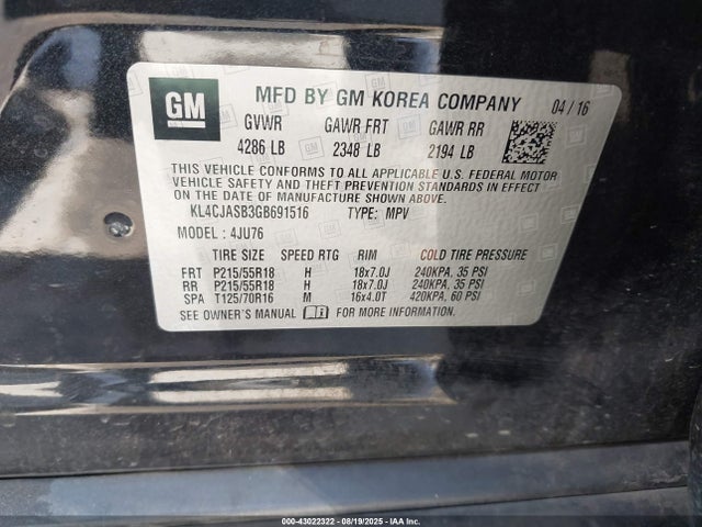 Buick luv - vvt, alum gme e85 max 2016 KL4CJASB3GB691516 Image 9