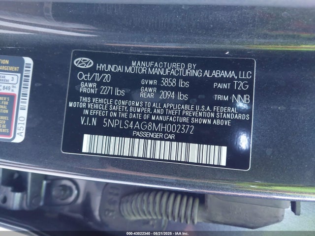 5NPLS4AG8MH002372 Hyundai mpi nu pe