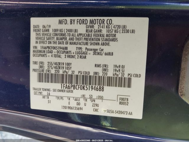 2019 FORD MUSTANG 1FA6P8CF0K5194688 Photo 8