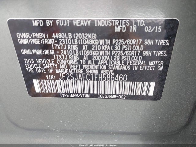 43022377 :رقم المزاد ، JF2SJAFC1FH586460 vin ، 2015 Subaru Forester 2.5i Premium مزاد بيع