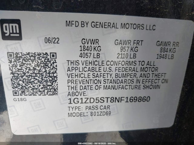 1G1ZD5ST8NF169860 Chevrolet lfv - direct injection, variable valve timing, gen 1 gmna