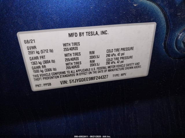 2021 TESLA MODEL Y 5YJYGDEE9MF244327 Photo 8
