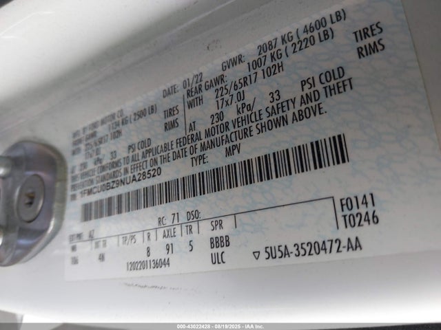 1FMCU0BZ9NUA28520 Ford hev/phev