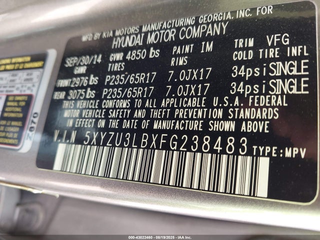 5XYZU3LBXFG238483 Hyundai dohc gdi theta ii