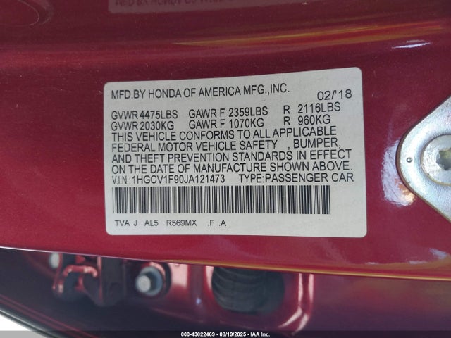 1HGCV1F90JA121473 Honda l15be