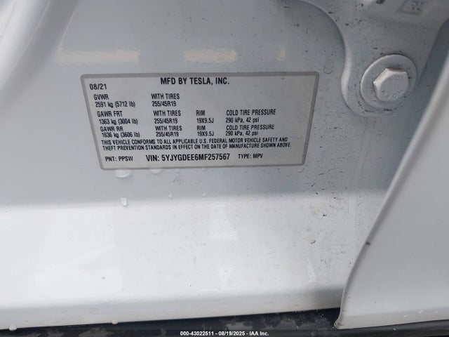 2021 TESLA MODEL Y 5YJYGDEE6MF257567 Photo 8