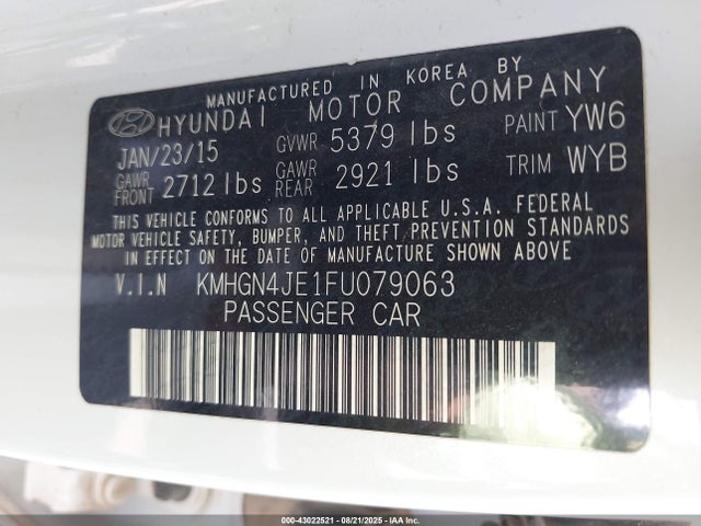 KMHGN4JE1FU079063 Hyundai gasoline 3.8 dohc mpi lambda