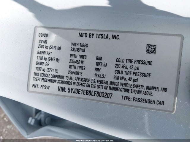 Tesla MODEL 3 2020 5YJ3E1EB8LF803207 Image 9