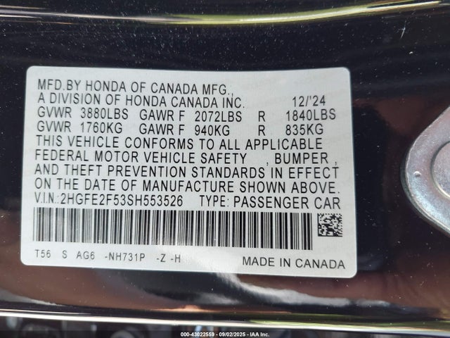Honda k20c9 2025 2HGFE2F53SH553526 Image 9