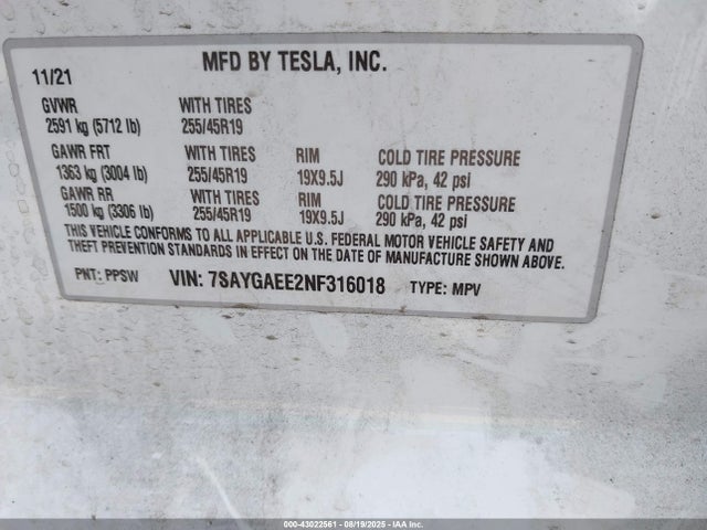 2022 TESLA MODEL Y 7SAYGAEE2NF316018 Photo 8