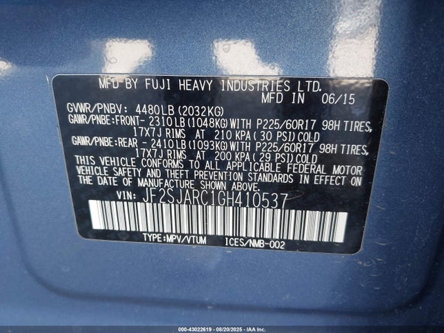 JF2SJARC1GH410537 Subaru naturally aspirated u5