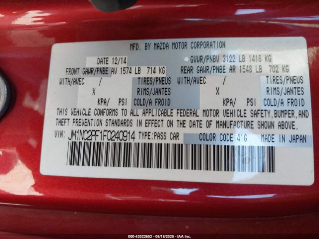 2015 MAZDA MX-5 MIATA JM1NC2PF1F0240914 Photo 8