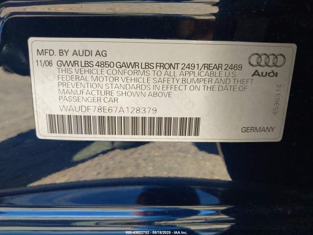 2007 AUDI A4 WAUDF78E67A128379 Photo 8