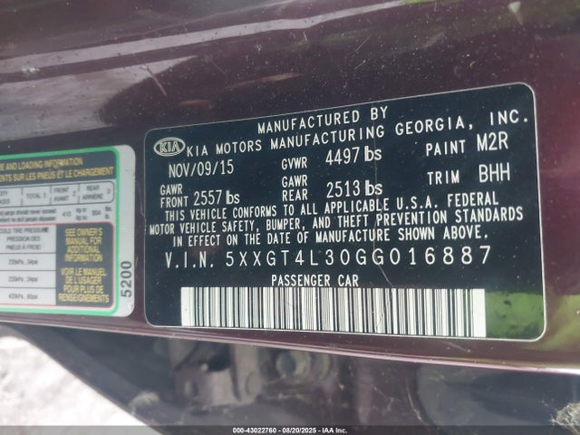 5XXGT4L30GG016887 KIA t-gdi theta ii