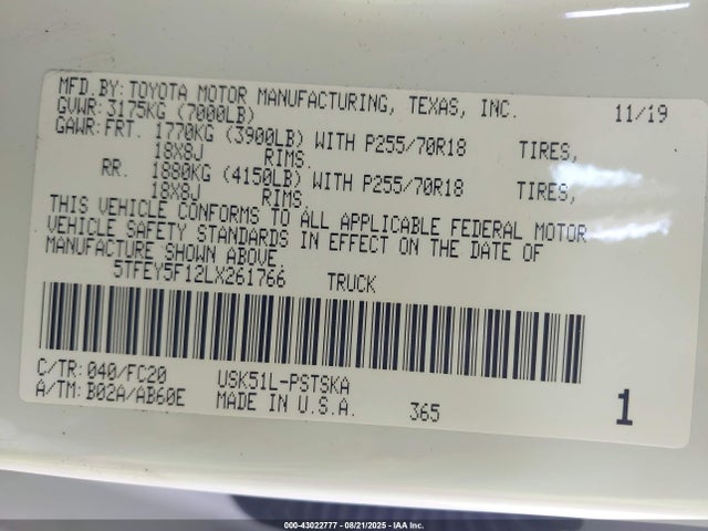 5TFEY5F12LX261766 Toyota 3ur-fe