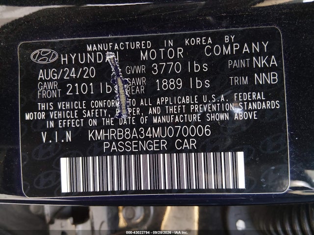 Продажа на аукционе авто 2021 Hyundai Venue Se, vin: KMHRB8A34MU070006, номер лота: 43022794
