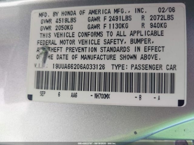 2006 ACURA TL 19UUA66206A033126 Photo 8