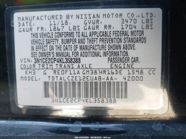 Nissan 2019 2019 3N1CE2CP4KL358388 Image 9