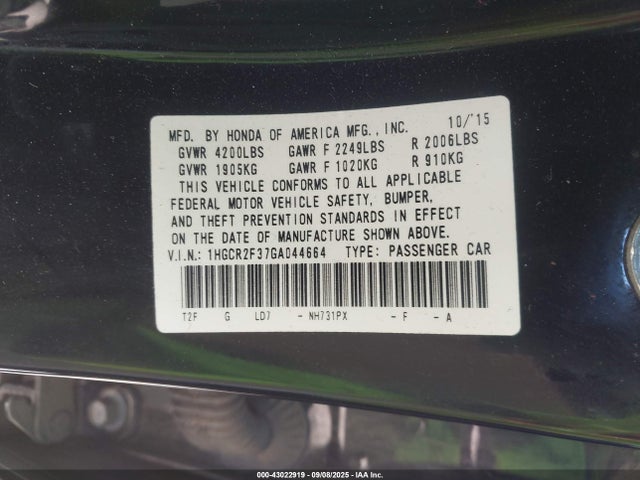 1HGCR2F37GA044664 Honda ACCORD LX