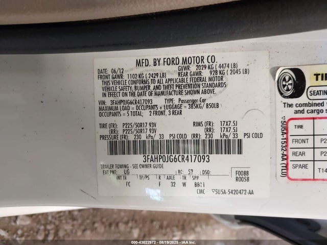 2012 FORD FUSION 3FAHP0JG6CR417093 Photo 8