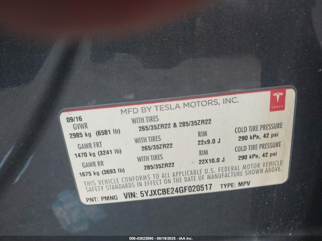 2016 TESLA MODEL X 5YJXCBE24GF020517 Photo 8