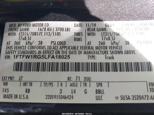 1FTFW1RG5LFA18025 Ford gtdi