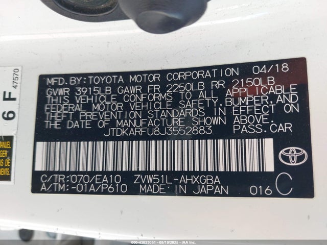 JTDKARFU8J3552883 Toyota 2zr-fxe,1nm