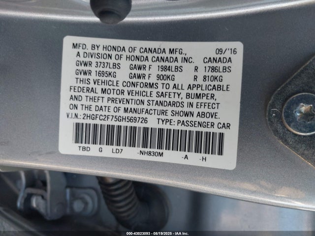Honda k20c2 2016 2HGFC2F75GH569726 Image 9
