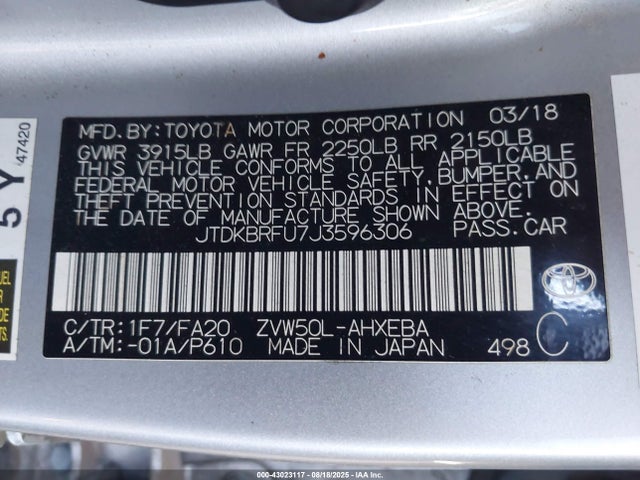 JTDKBRFU7J3596306 Toyota 2zr-fxe,1nm
