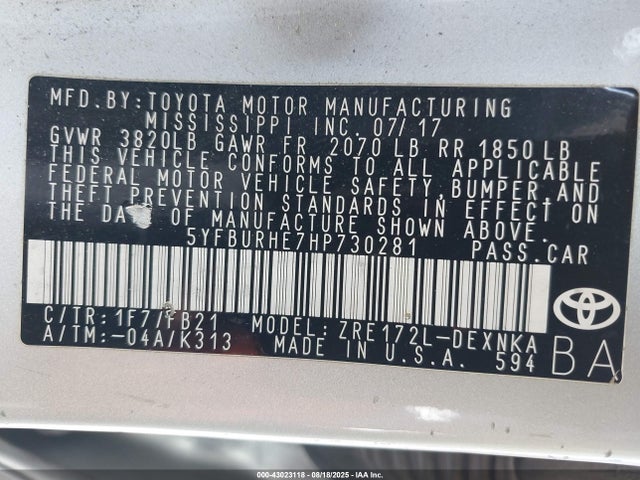 5YFBURHE7HP730281 Toyota 2zr-fe