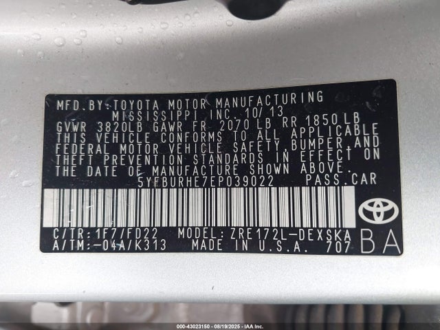 5YFBURHE7EP039022 Toyota 2zr-fe