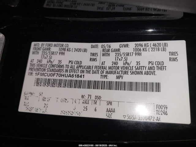 1FMCU0F70HUA61841 Ford 2.5l i-vct