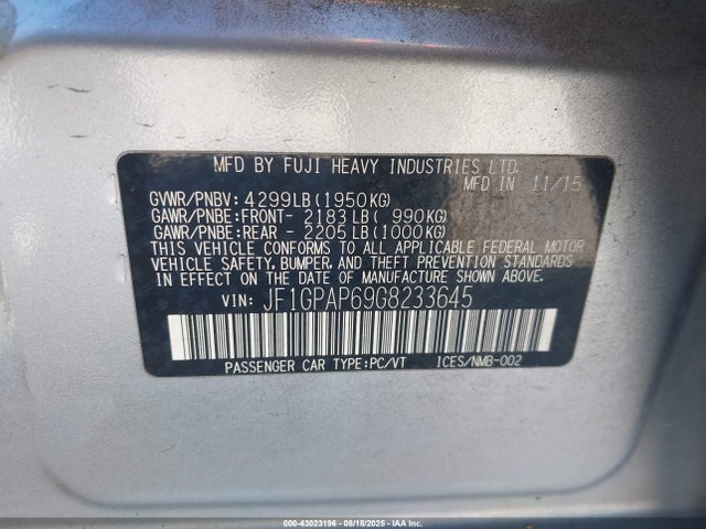 Subaru 2.0l na 2016 JF1GPAP69G8233645 Image 9