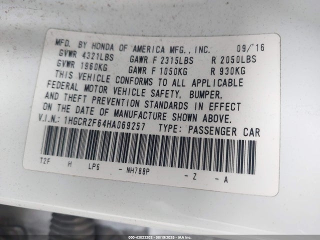 1HGCR2F64HA069257 Honda k24w1