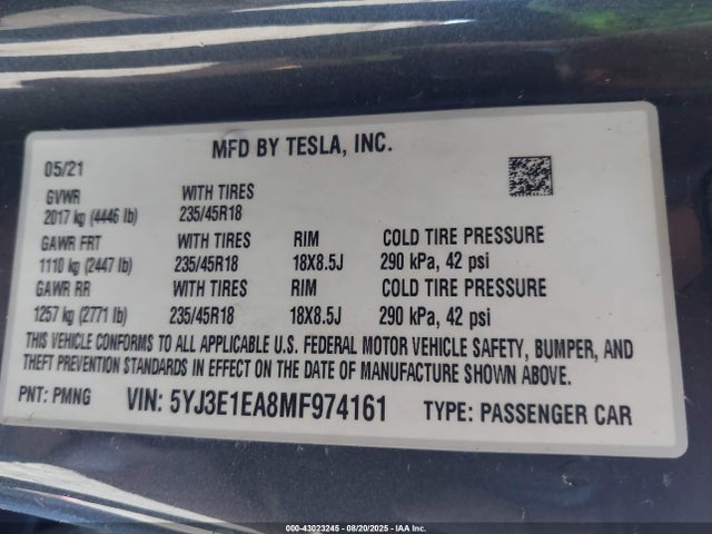 5YJ3E1EA8MF974161 Tesla MODEL 3