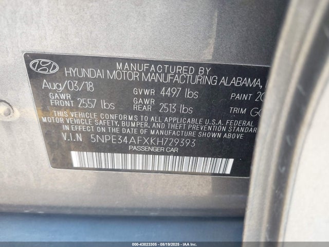 5NPE34AFXKH729393 Hyundai gdi theta-ii