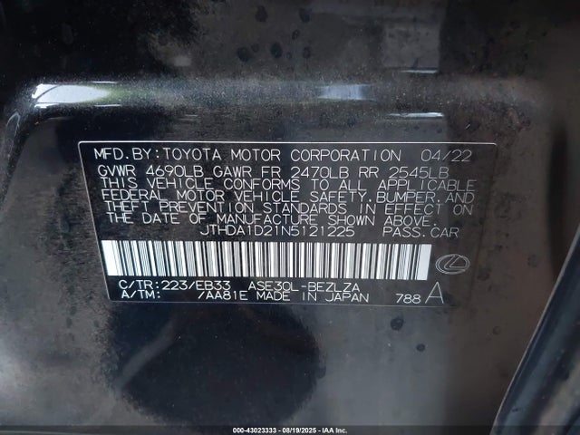 JTHDA1D21N5121225 Lexus 8ar-fts