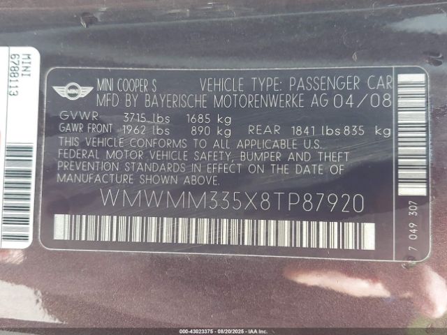2008 MINI COOPER S CLUBMAN WMWMM335X8TP87920 Photo 8