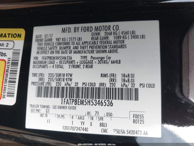 1FATP8EM5H5346536 Ford 3.7l 4v