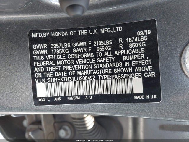 SHHFK7H31LU206492 Honda l15ba