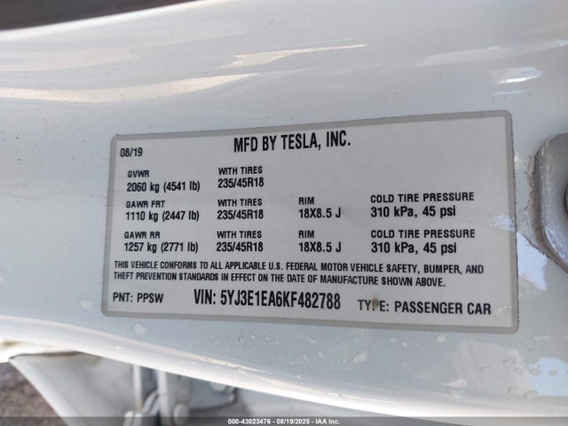 2019 TESLA MODEL 3 5YJ3E1EA6KF482788 Photo 8