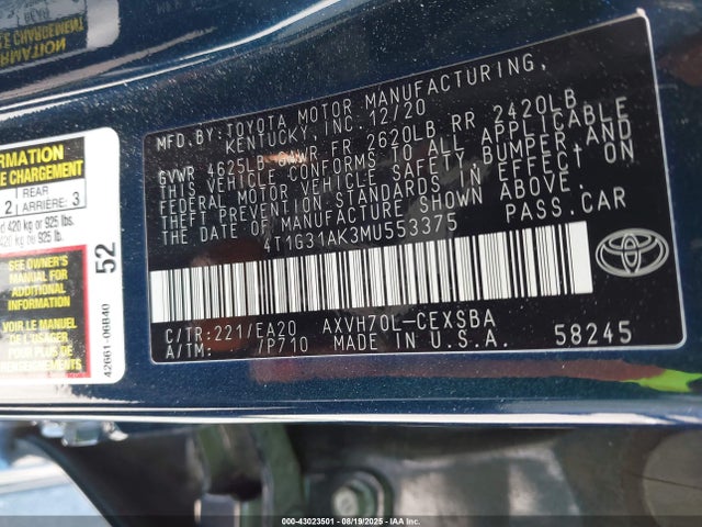 Toyota a25a-fxs 2021 4T1G31AK3MU553375 Image 9