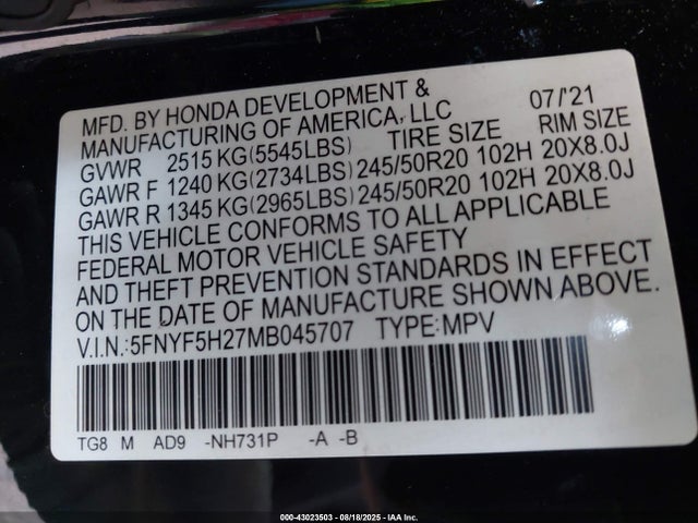 Honda j35y6 2021 5FNYF5H27MB045707 Image 9