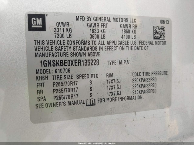 1GNSKBE0XER135228 Chevrolet lmg - flex fuel (gas/alc), cylinder deactivation iron