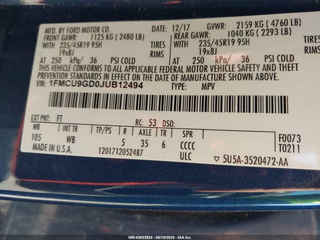 1FMCU9GD0JUB12494 Ford 1.5l gtdi sigma w/premium fuel