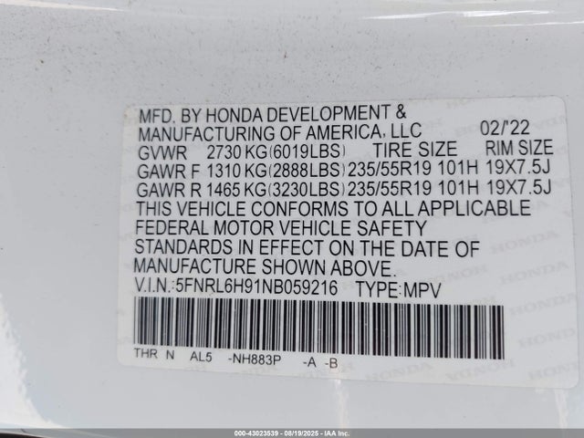 5FNRL6H91NB059216 Honda j35y7
