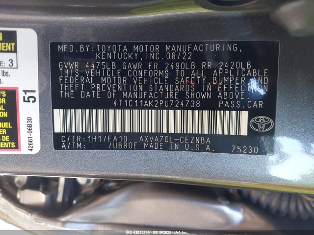 4T1C11AK2PU724738 Toyota a25a-fks